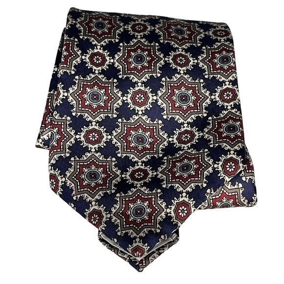 Oscar De La Renta Couture 100% Silk Red Blue Brown & White Geometric Men's Tie - Picture 8 of 10